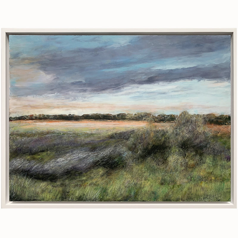 "Layers of Life" oil and cold wax painting by Charlotte NC based artist Elizabeth Davant. 12 x 16" marsh landscape, set in a white floater frame.