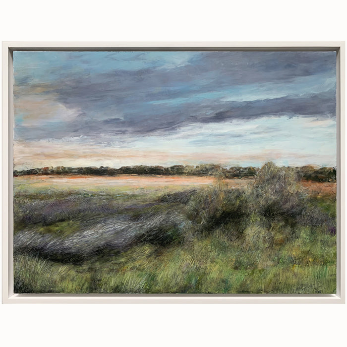 "Layers of Life" oil and cold wax painting by Charlotte NC based artist Elizabeth Davant. 12 x 16" marsh landscape, set in a white floater frame.