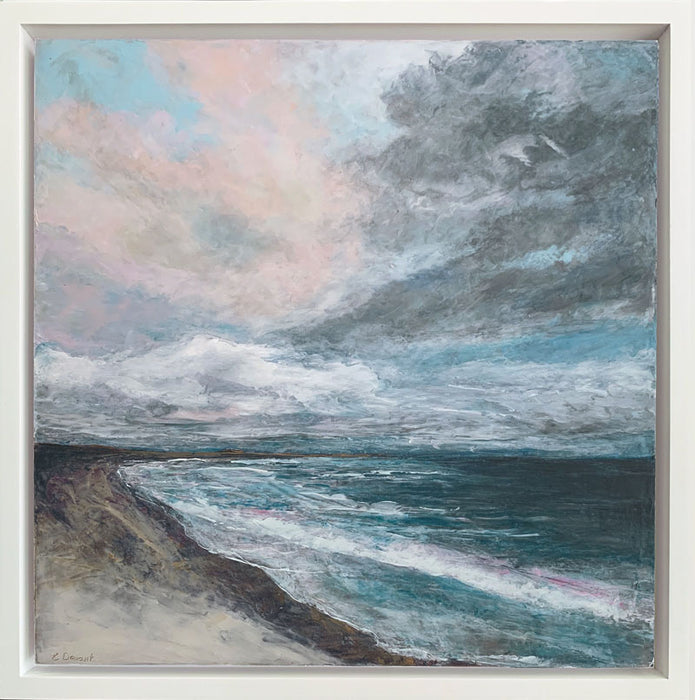 Oil and cold wax painting of a cloudy coastal view off Smith Island by Charlotte NC artist Elizabeth Davant, at Lark & Key.