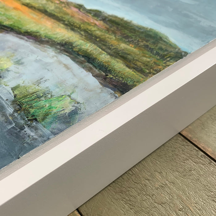 "Orange Dusk" oil and cold wax painting by Charlotte NC based artist Elizabeth Davant. 12 x 12" marsh landscape, set in a white floater frame. Frame detail shown.