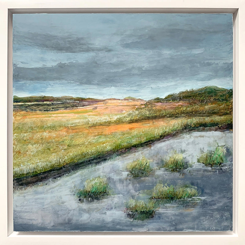 "Orange Dusk" oil and cold wax painting by Charlotte NC based artist Elizabeth Davant. 12 x 12" marsh landscape, set in a white floater frame.