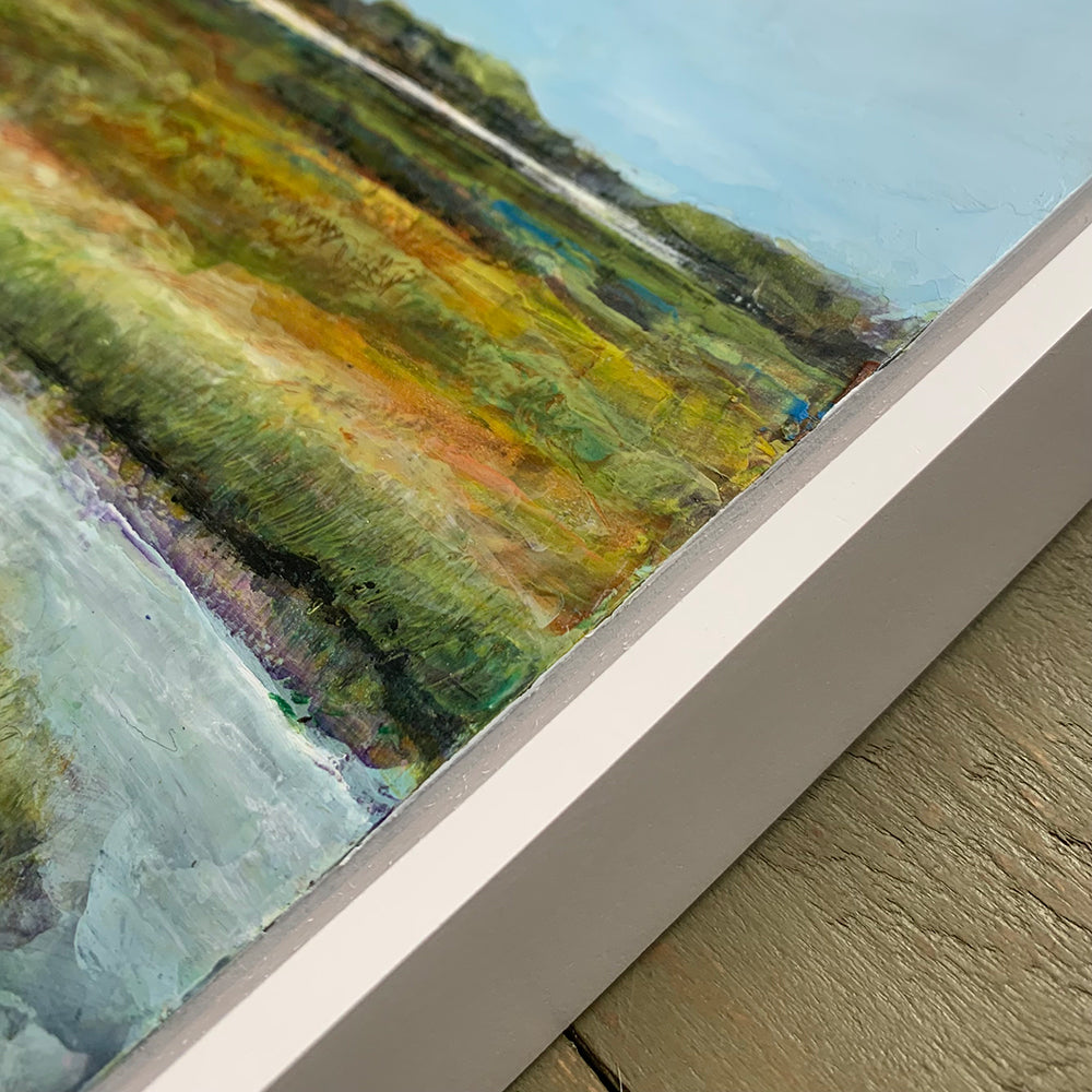 "Perfect Afternoon" oil and cold wax painting by Charlotte NC based artist Elizabeth Davant. 8 x 8" marsh landscape, set in a white floater frame. Frame detail shown.