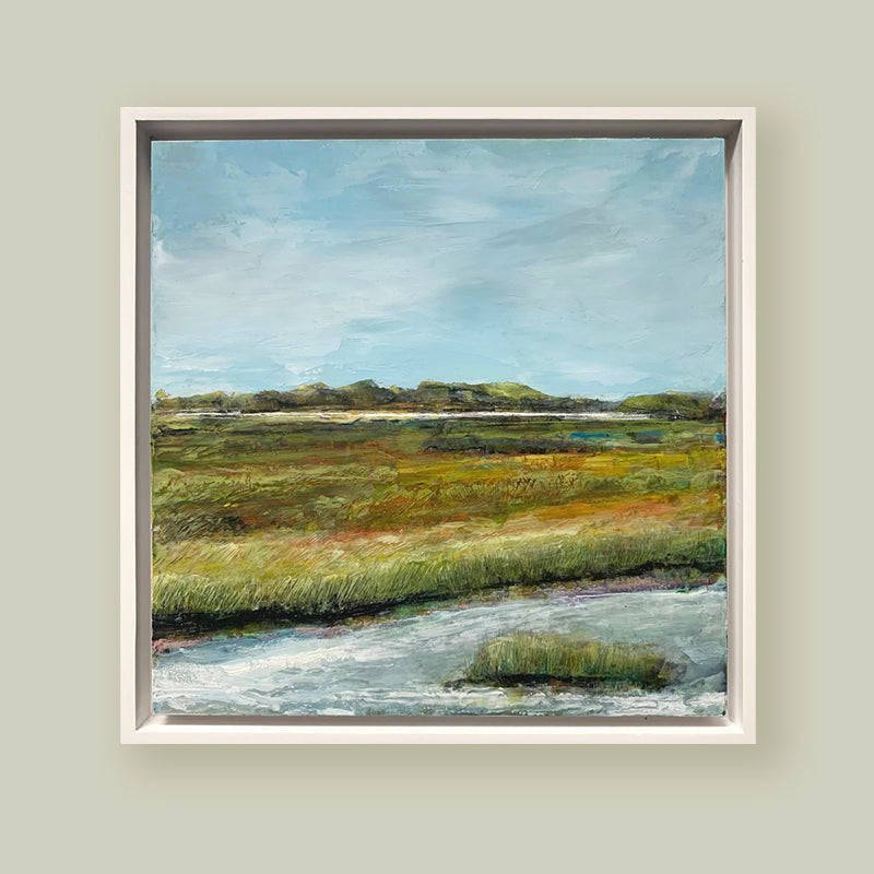 "Perfect Afternoon" oil and cold wax painting by Charlotte NC based artist Elizabeth Davant. 8 x 8" marsh landscape, set in a white floater frame. Shown on pale, muted green wall.