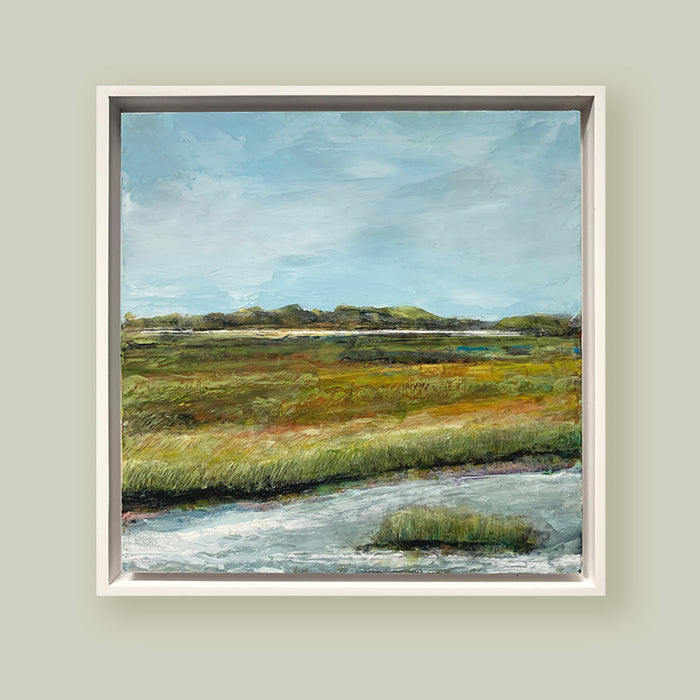 "Perfect Afternoon" oil and cold wax painting by Charlotte NC based artist Elizabeth Davant. 8 x 8" marsh landscape, set in a white floater frame. Shown on pale, muted green wall.