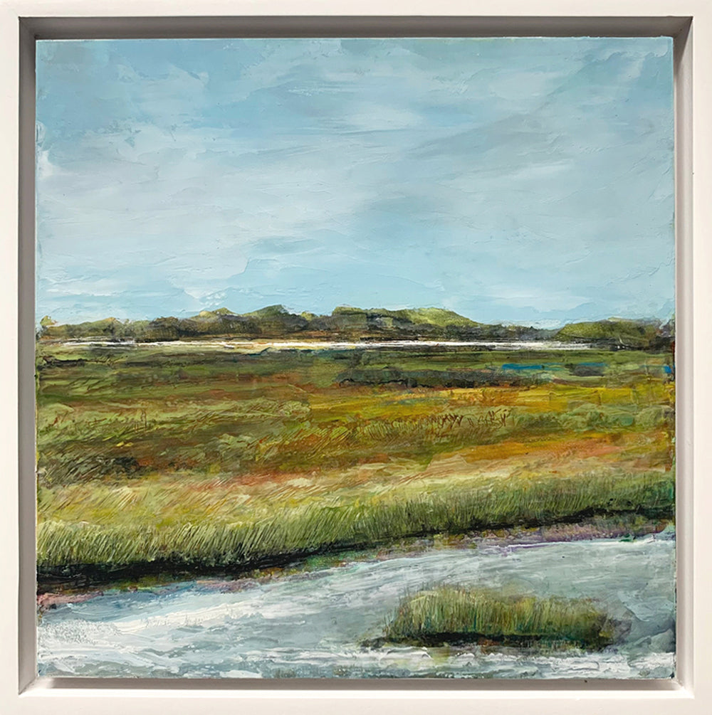 "Perfect Afternoon" oil and cold wax painting by Charlotte NC based artist Elizabeth Davant. 8 x 8" marsh landscape, set in a white floater frame.