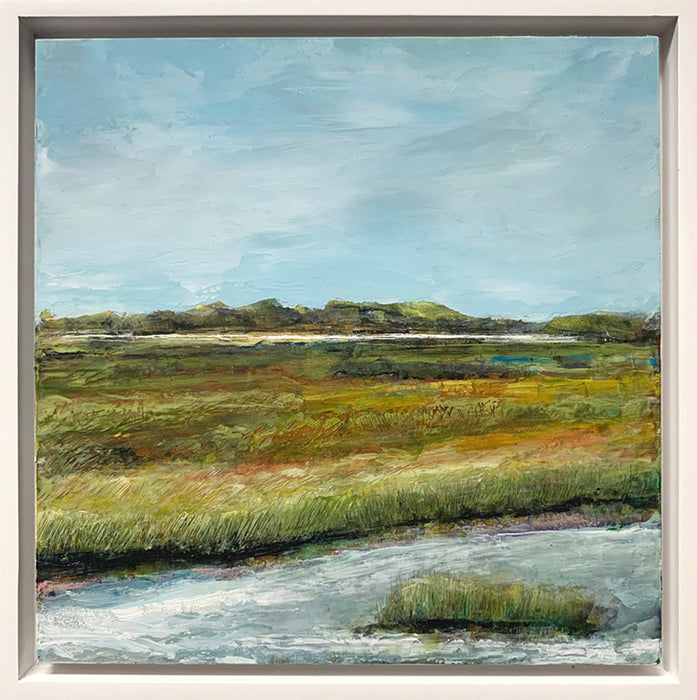 "Perfect Afternoon" oil and cold wax painting by Charlotte NC based artist Elizabeth Davant. 8 x 8" marsh landscape, set in a white floater frame.