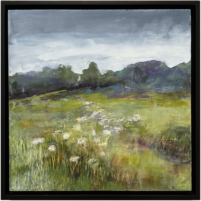 Oil and cold wax painting by North Carolina artist Elizabeth Davant depicting a lush green Blue Ridge Mountain landscape with a field of flowers.