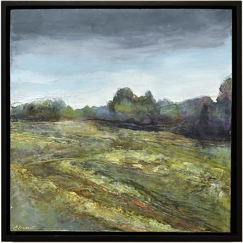 Oil and cold wax painting by North Carolina artist Elizabeth Davant depicting a Blue Ridge Mountain tree landscape under cloudy skies.