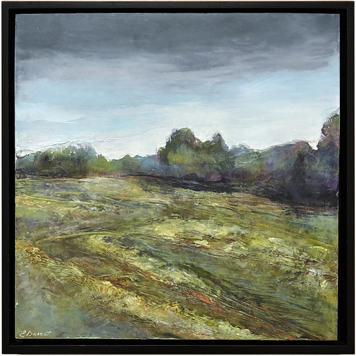 Oil and cold wax painting by North Carolina artist Elizabeth Davant depicting a Blue Ridge Mountain tree landscape under cloudy skies.