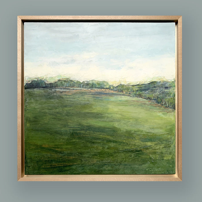 "Love From a Distance" oil and cold wax landscape painting by Charlotte NC based artist Elizabeth Davant. Green landscape, trees and light blue sky.