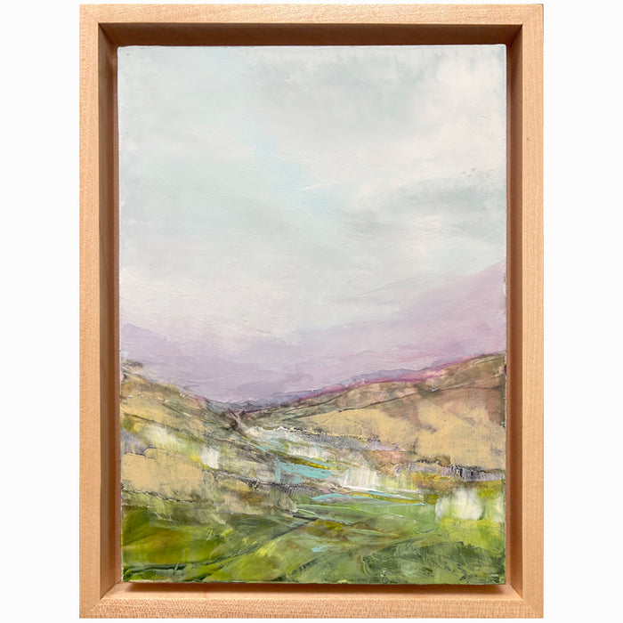 Spring Evening, small landscape painting with lavender sky by Elizabeth Davant. 