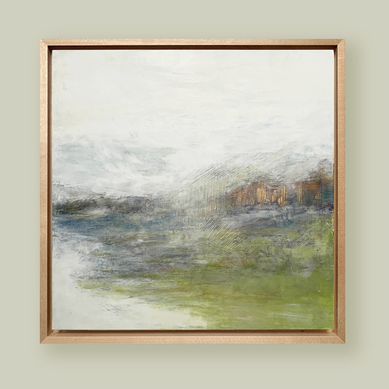 "Signs of Hope" oil and cold wax abstracted landscape painting by Charlotte NC based artist Elizabeth Davant. Shown on soft, muted green wall.