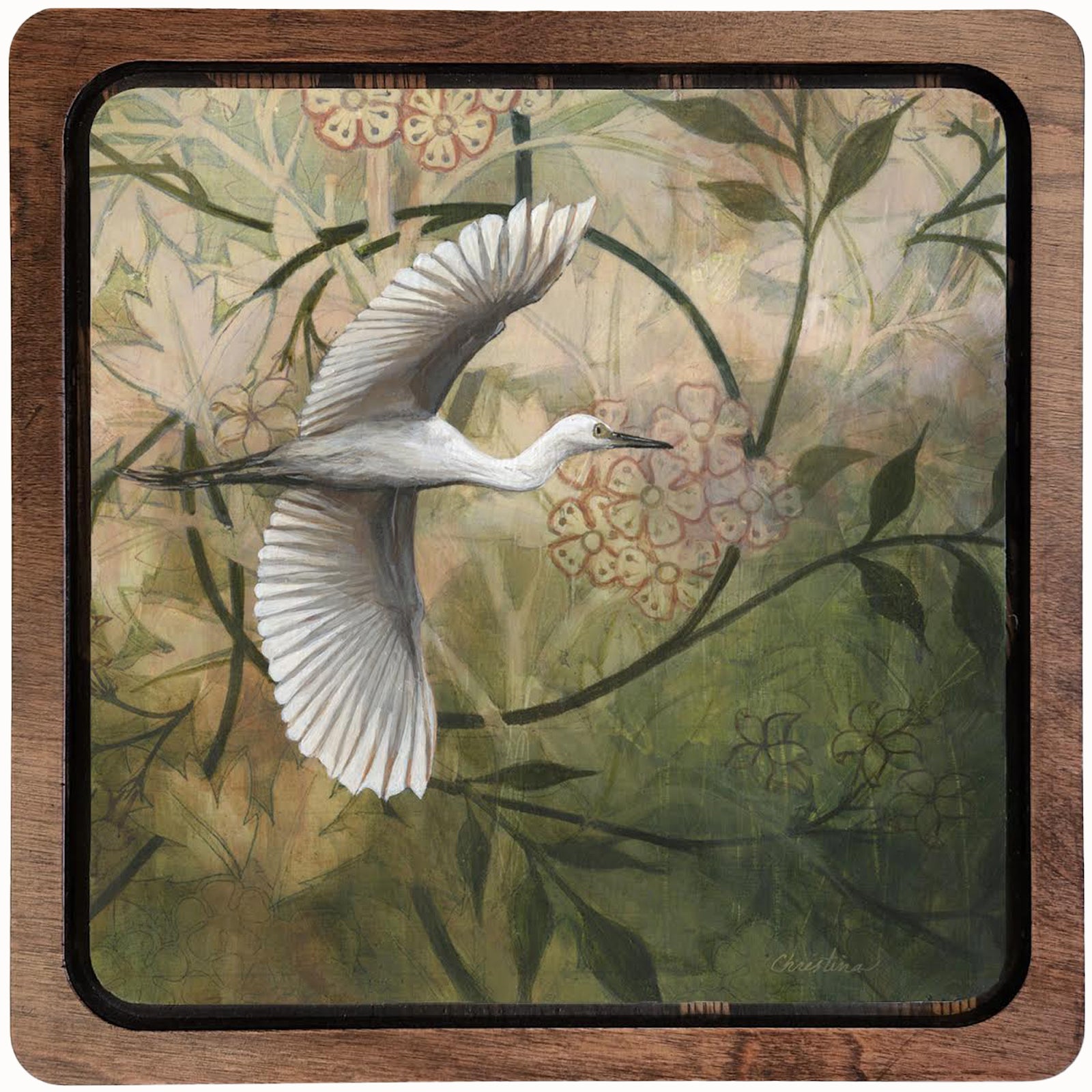 "Encircled Egret" painting by Christina Keith. An egret soars across a botanical inspired background.