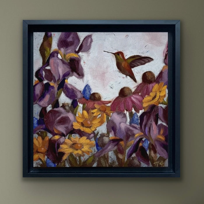 "First of the Day" painting by Ninalee Irani.  A hummingbird among purple, yellow and blue garden flowers. 