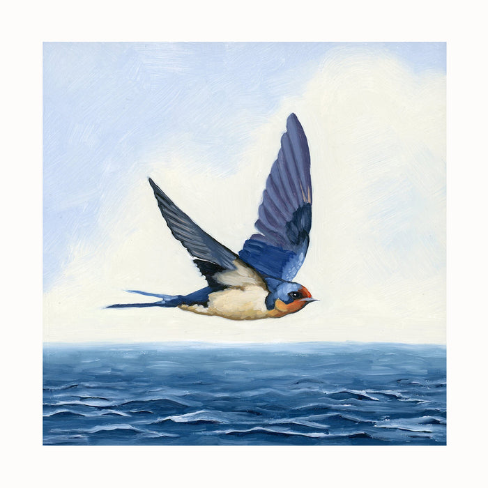 "Flying Low" swallow flying over the ocean painting by Kim Ferreira.