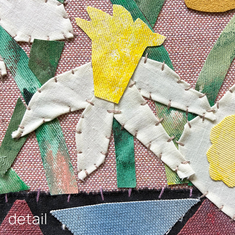 Buttercup Bouquet, framed textile collage by Hannah Goff, yellow daffodils in vase. Close up flower detail. 