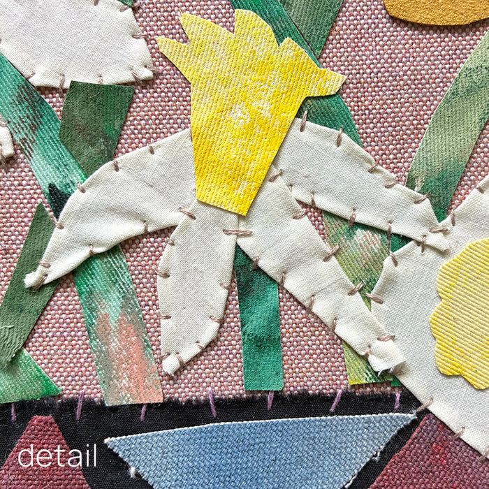 Buttercup Bouquet, framed textile collage by Hannah Goff, yellow daffodils in vase. Close up flower detail. 