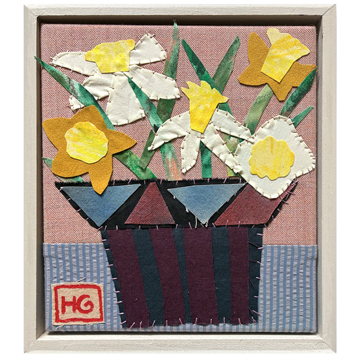 Buttercup Bouquet, framed textile collage by Hannah Goff, yellow daffodils in vase. 