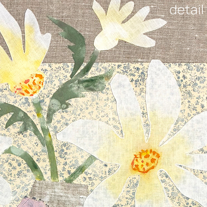 Patchwork Daisies by Hannah Goff, mixed media textile artwork with patchwork vase filled with white and yellow daisies. Close up flower detail. 