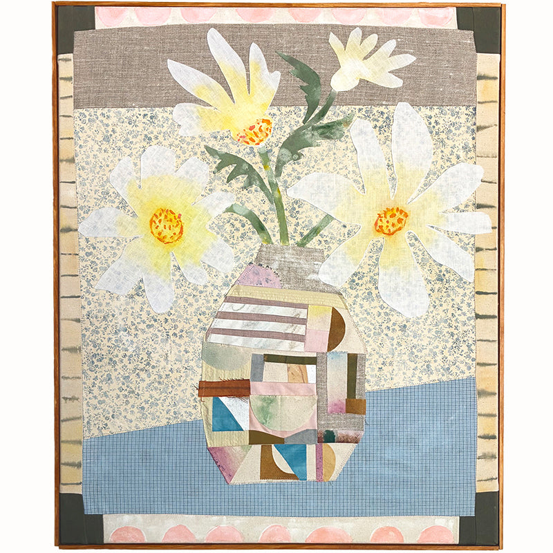 Patchwork Daisies by Hannah Goff, mixed media textile artwork with patchwork vase filled with white  and yellow daisies. 