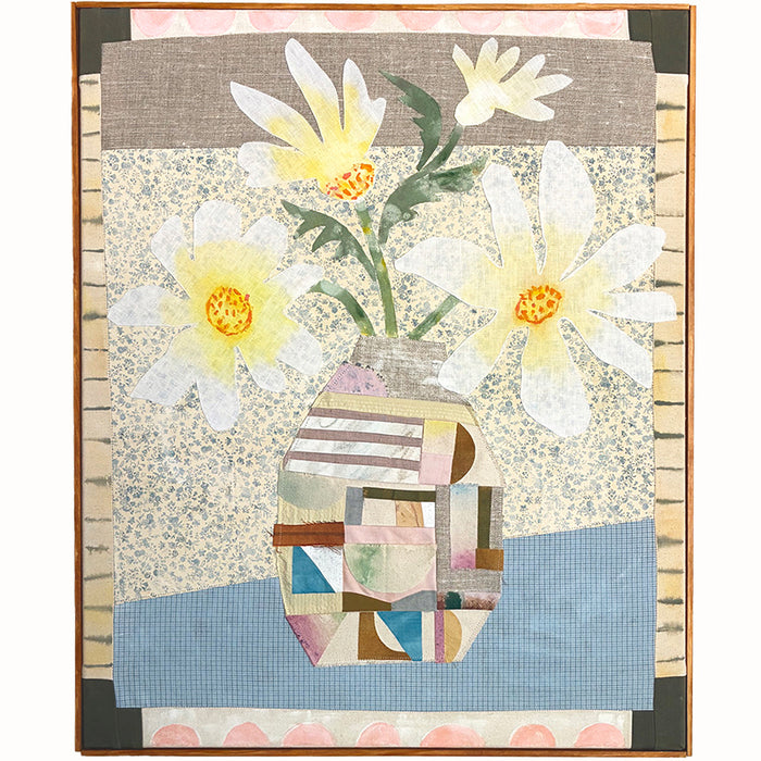 Patchwork Daisies by Hannah Goff, mixed media textile artwork with patchwork vase filled with white  and yellow daisies. 