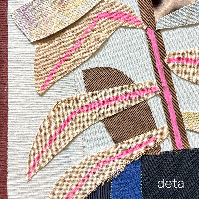 Geo Bud Vase mixed media textile artwork by Hannah Goff. Two geometric patterned vases with abstracted flowers. Close up detail. 