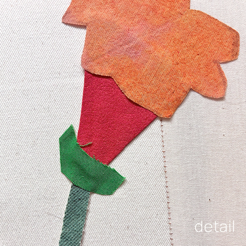 Geo Bud Vase mixed media textile artwork by Hannah Goff. Two geometric patterned vases with abstracted flowers. Orange flower detail shown. 