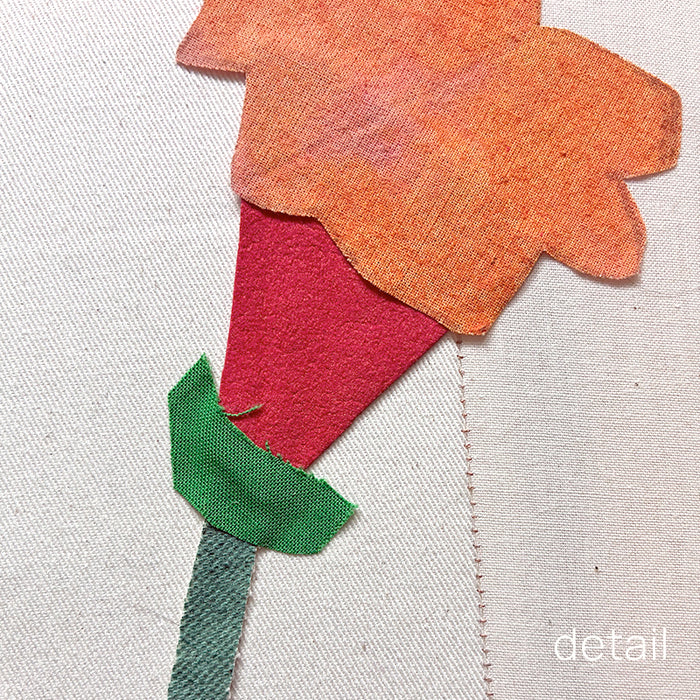 Geo Bud Vase mixed media textile artwork by Hannah Goff. Two geometric patterned vases with abstracted flowers. Orange flower detail shown. 