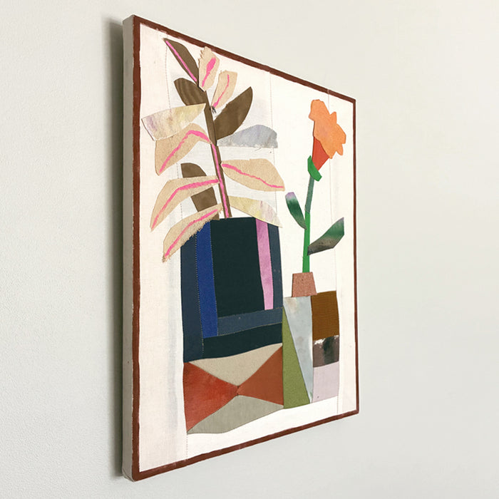 Geo Bud Vase mixed media textile artwork by Hannah Goff. Two geometric patterned vases with abstracted flowers. Side view on wall. 