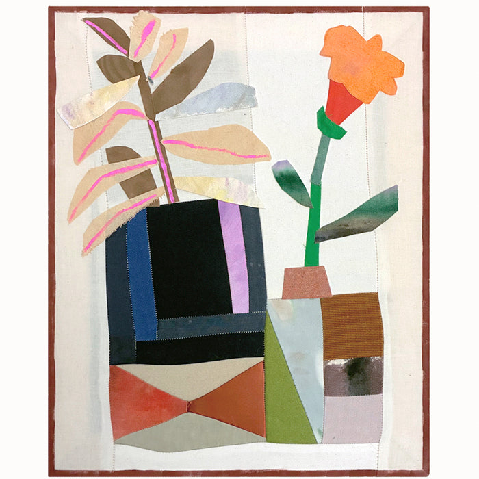 Geo Bud Vase mixed media textile artwork by Hannah Goff. Two geometric patterned vases with abstracted flowers. 