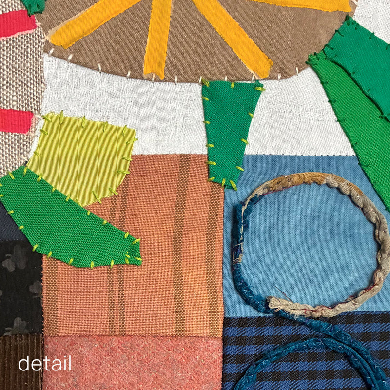 Artwork by Hannah Goff. Mixed media textile painting with geometric vase and colorful abstracted flowers. Close up detail.