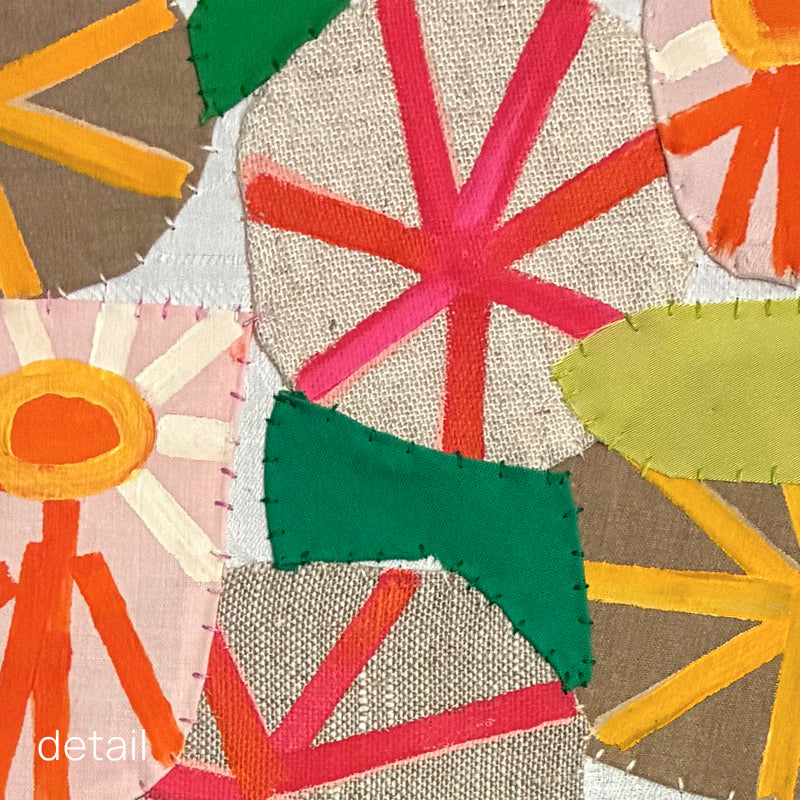 Artwork by Hannah Goff. Mixed media textile painting with geometric vase and colorful abstracted flowers. Close up detail of flowers. 