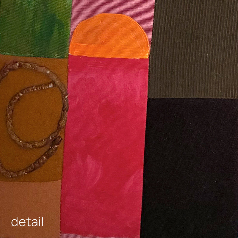 Artwork by Hannah Goff. Mixed media textile painting with geometric vase and colorful abstracted flowers. Close up detail of vase.