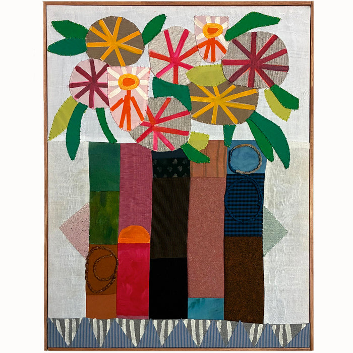 Artwork by Hannah Goff. Mixed media textile painting with geometric vase and colorful abstracted flowers. 