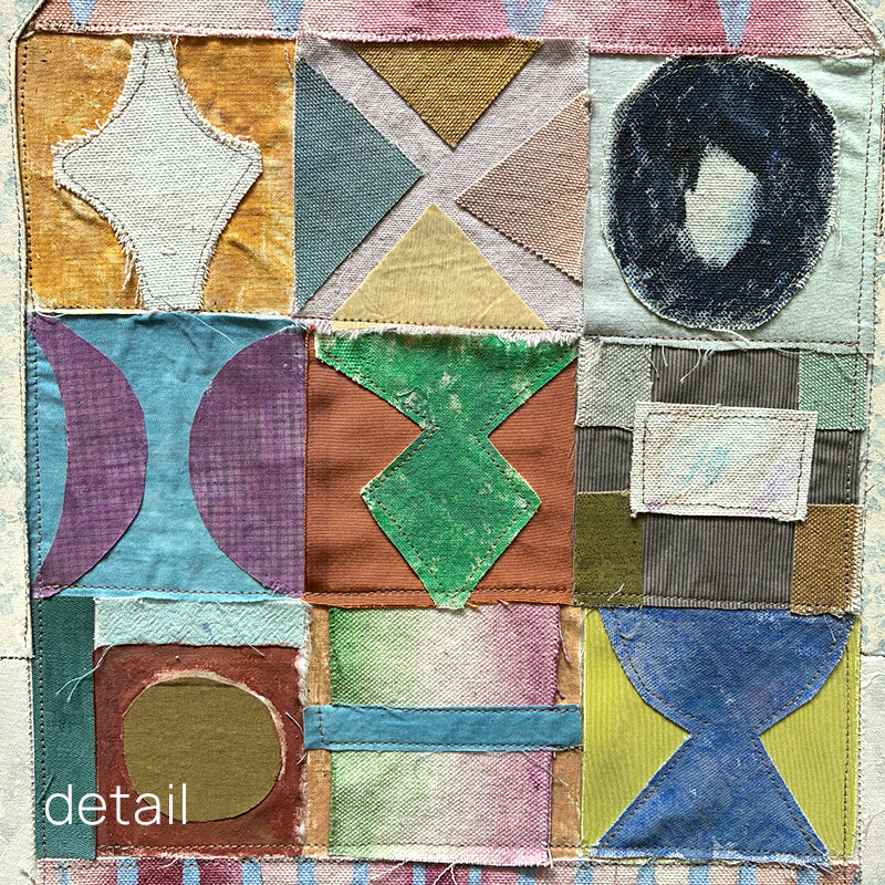Multi Patchwork Vase artwork by Hannah Goff, colorful, contemporary quilted mixed media vase with abstracted flowers and wood frame. Vase detail.
