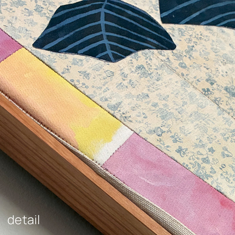 Multi Patchwork Vase artwork by Hannah Goff, colorful, contemporary quilted mixed media vase with abstracted flowers and wood frame. Up close frame detail.