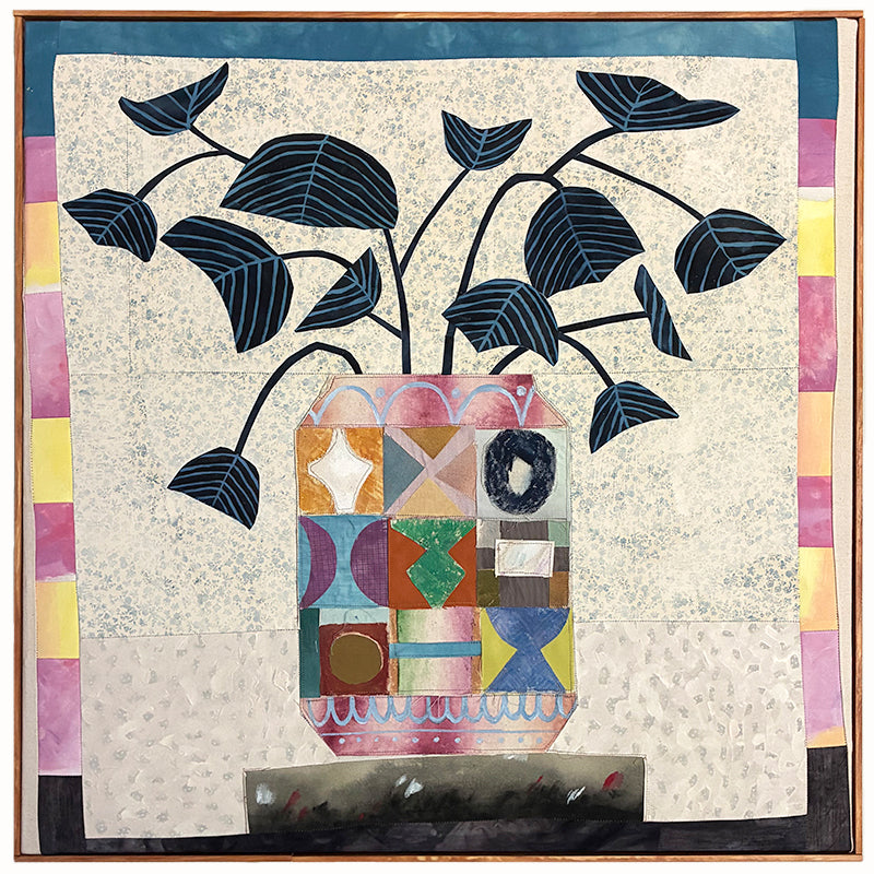 Multi Patchwork Vase artwork by Hannah Goff, colorful, contemporary quilted mixed media vase with abstracted flowers. 