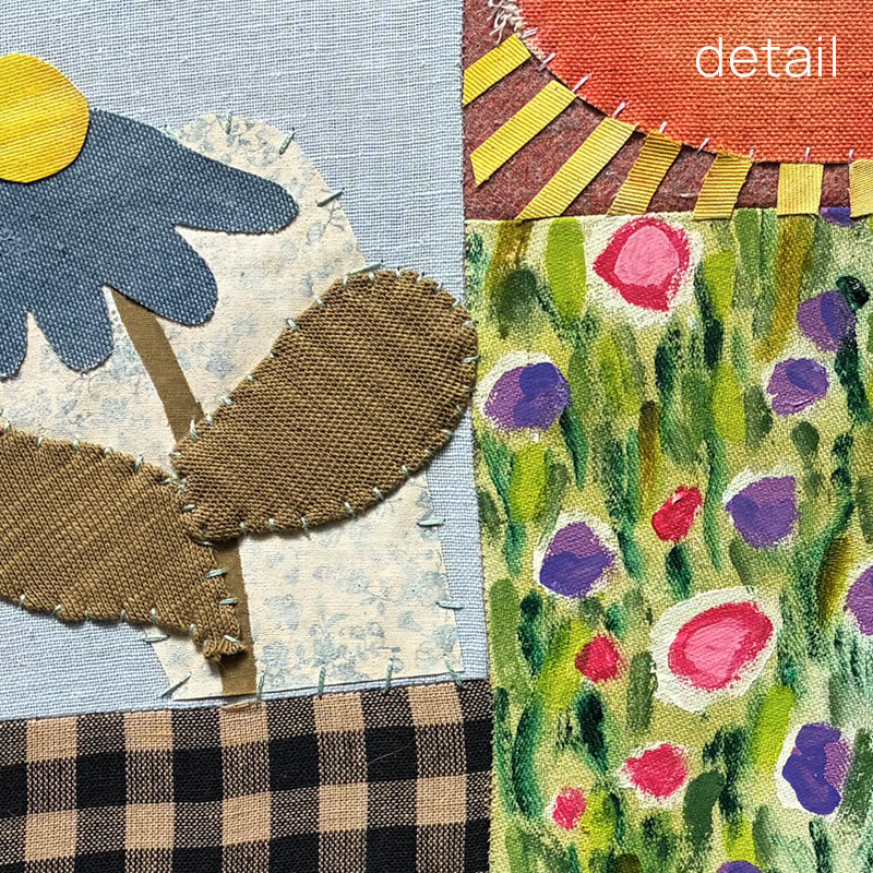 Poppy Patchwork, multicolored floral mixed media textile artwork by Hannah Goff with handmade wood frame. Close up detail. 