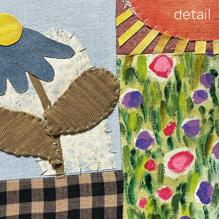 Poppy Patchwork, multicolored floral mixed media textile artwork by Hannah Goff with handmade wood frame. Close up detail. 