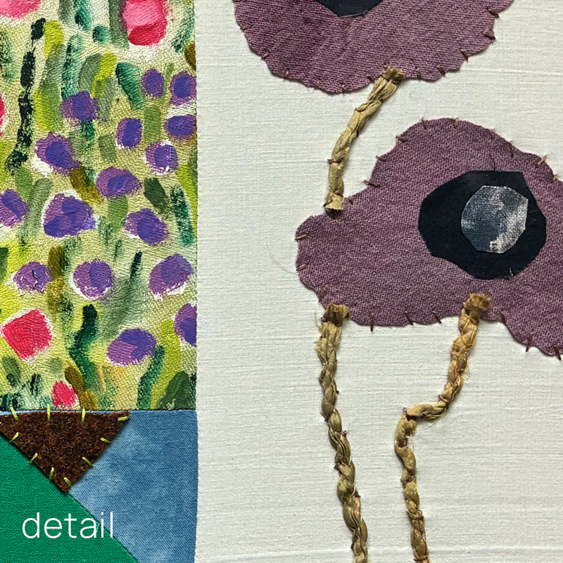 Poppy Patchwork, multicolored floral mixed media textile artwork by Hannah Goff with handmade wood frame. Detail shown. 