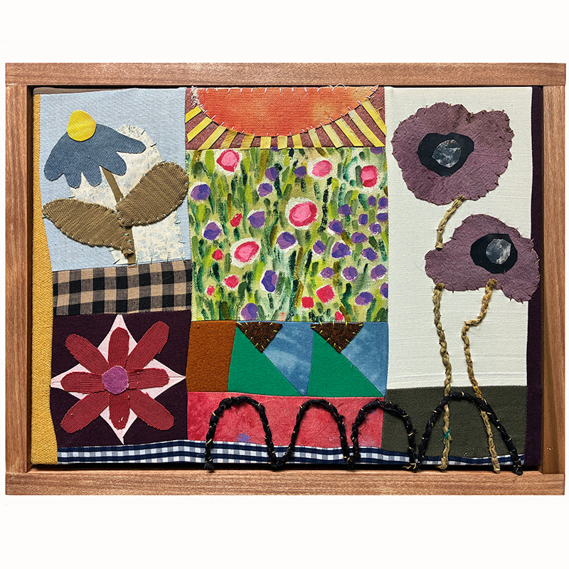Poppy Patchwork, multicolored floral mixed media textile artwork by Hannah Goff with handmade wood frame.