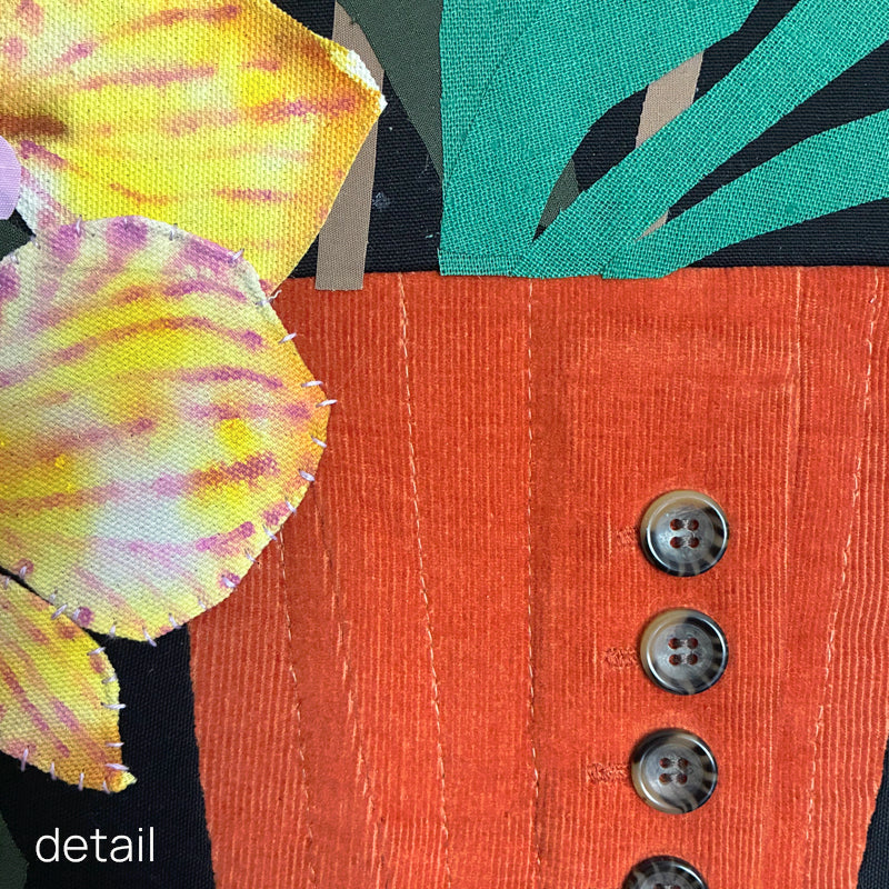 Yellow Orchids, Hannah Goff mixed media textile artwork. Orange flower pot with yellow orchid plant against black background with geometric details. Detail shown. 