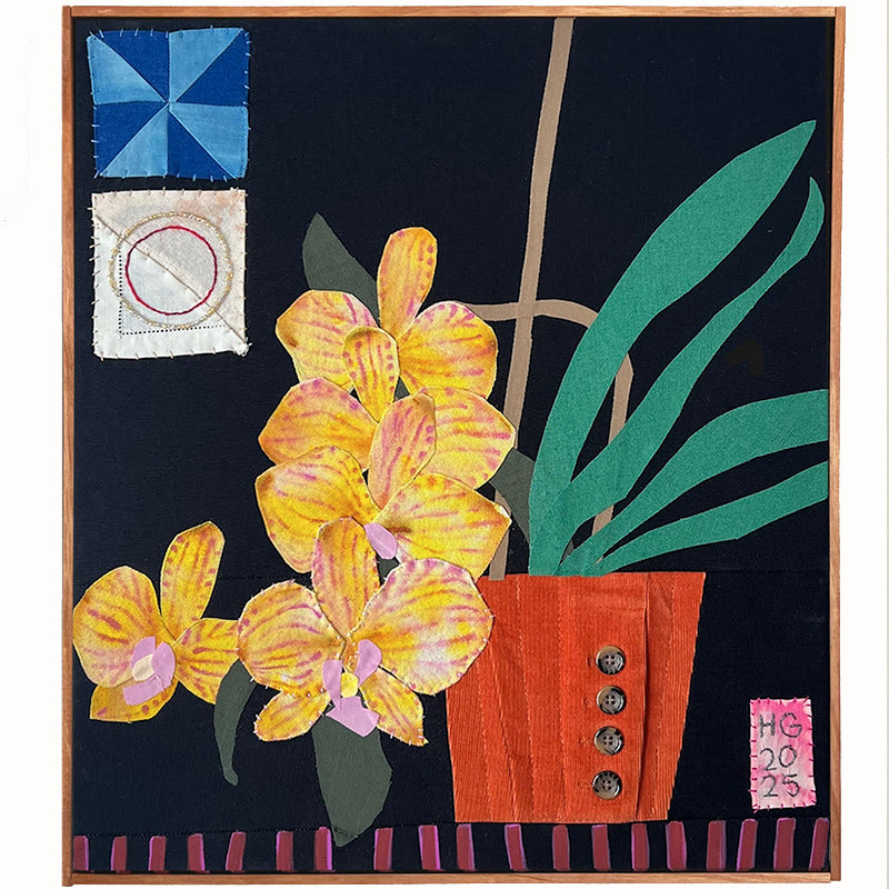 Yellow Orchids, Hannah Goff mixed media textile artwork. Orange flower pot with yellow orchid plant against black background with geometric details. 