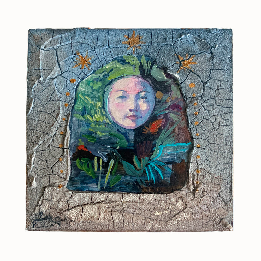 A Face in a Portal, small textured painting by artist Hannah Seng.