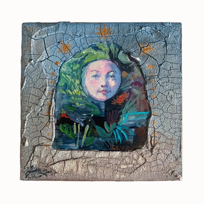 A Face in a Portal, small textured painting by artist Hannah Seng.