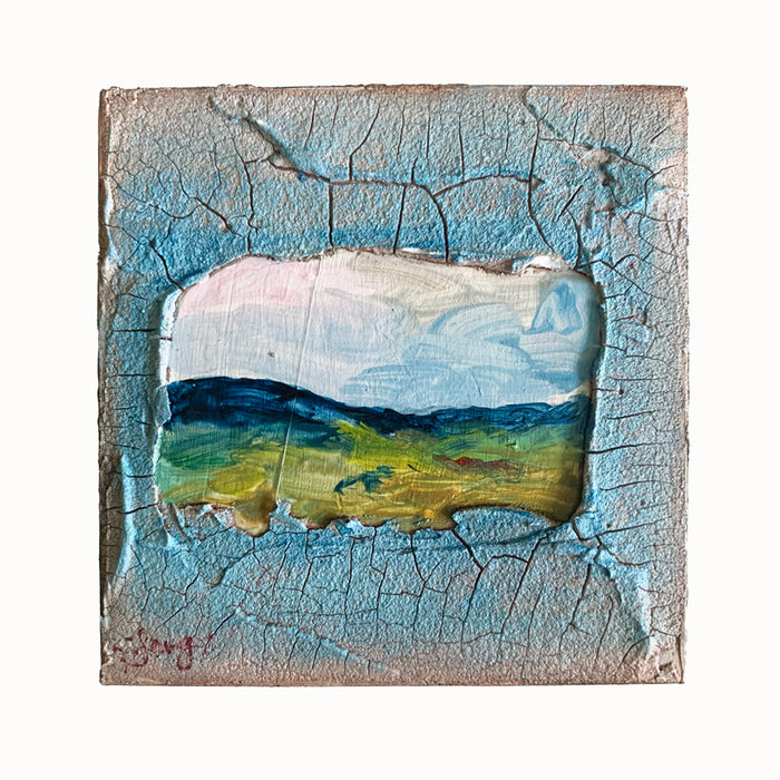 Ancient View, a small mixed media painting by artist Hannah Seng. View of a mini landscape in blues and greens set inside a window of thick, textured paint. 