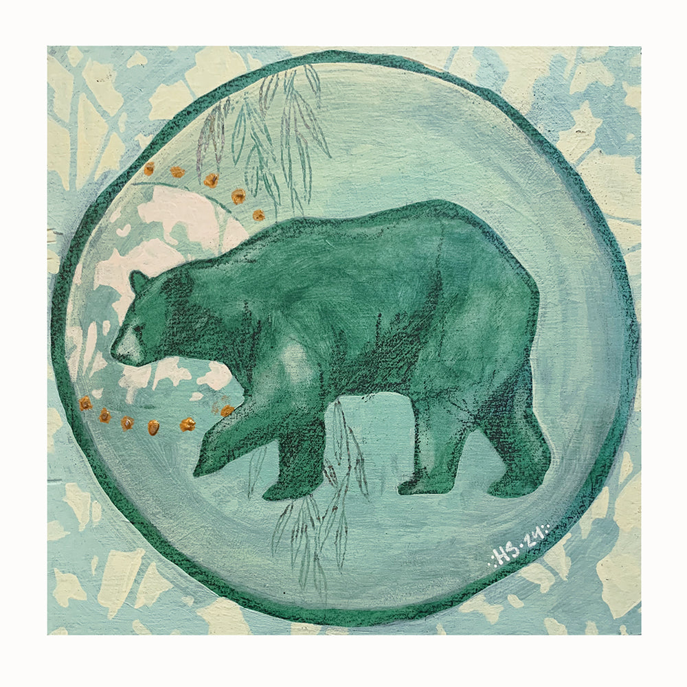 "Black Bear 1" by Hannah Seng, 6 x 6 x .75" acrylic on panel, bear and nature themed painting in green and aqua.