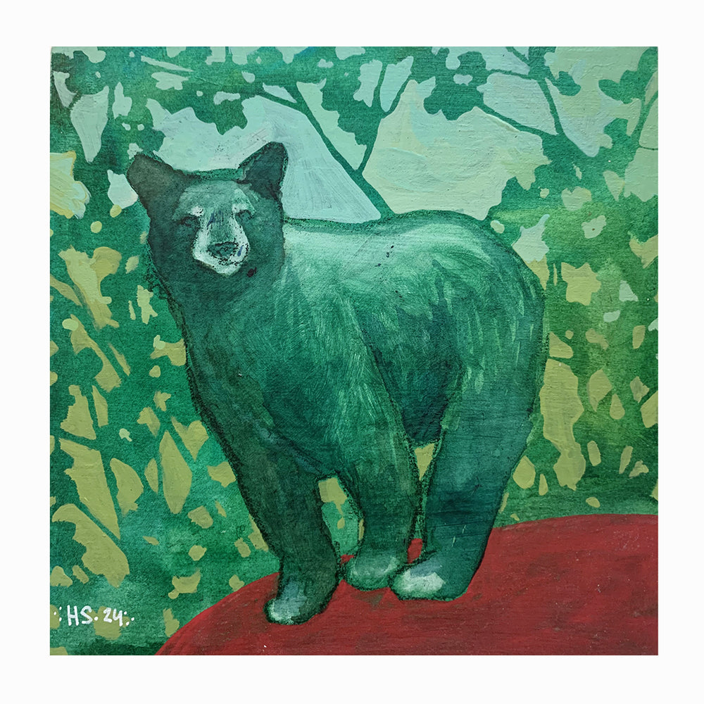 "Black Bear 2" by Hannah Seng, 6 x 6 x .75" acrylic on panel, bear and nature themed painting.