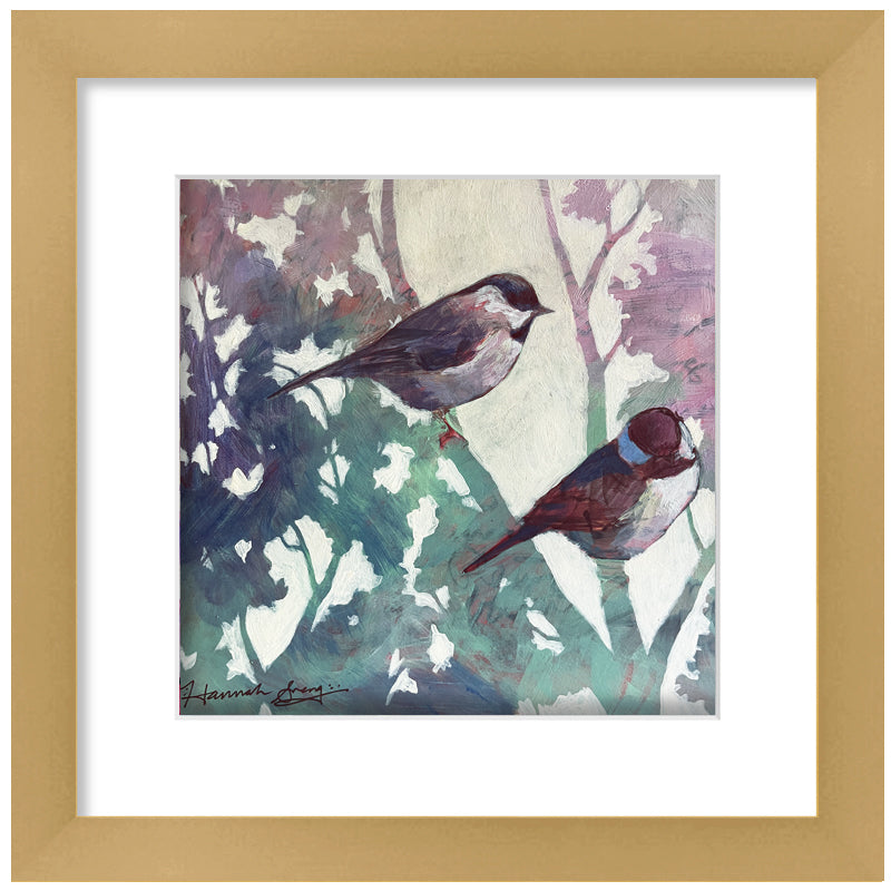 Acrylic painting on paper by Hannah Seng. Two black-capped chickadees perched on branches, with green and purple foliage. Matted and framed in a satin gold frame. 