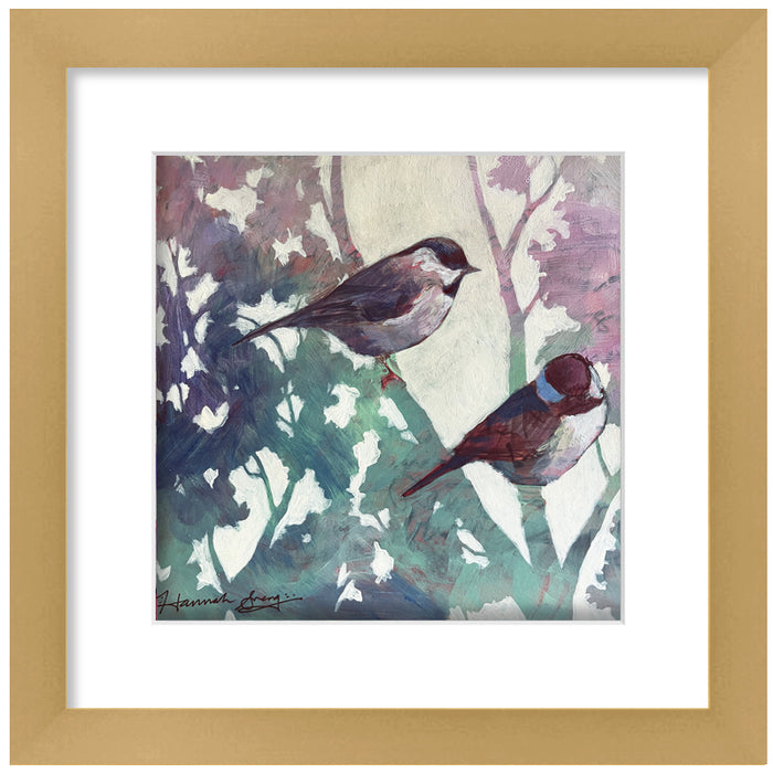 Acrylic painting on paper by Hannah Seng. Two black-capped chickadees perched on branches, with green and purple foliage. Matted and framed in a satin gold frame. 